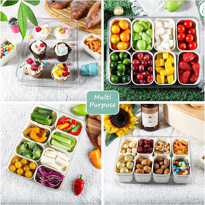 2-Pack Snackle Box Container, Removable Snackle Box with Handle for Candy, Fruits, Nuts, Charcuterie and Veggies, Divided Serving Tray with Lid Perfect for Christmas Party and Entertaining