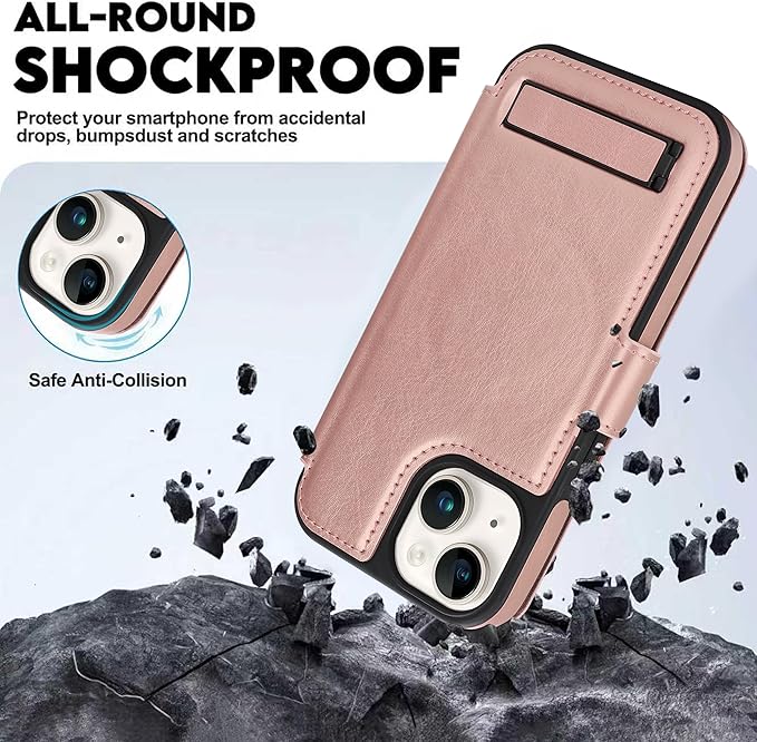 CIVICASE for iPhone 15 Wallet Case with Stand,PU Leather Flip Credit Card Holder Slots (RFID Blocking),Compatible with Magsafe Magnetic Holder Phone Cover Women Men, Rose Gold