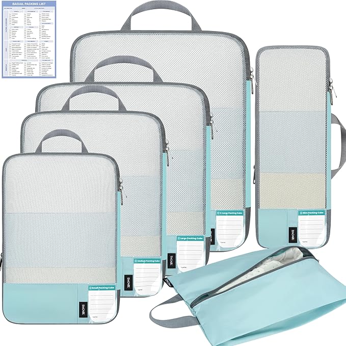 BAGAIL 6 Set/4 Set Lightweight Compression Packing Cubes with Packing List, Anti-Tearing Expandable Organizer Bags for Travel