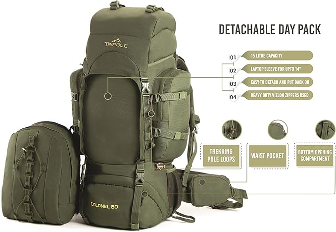 Tripole Colonel 80 Litres Internal Frame Rucksack + Detachable Day Pack, Rain Cover, Army Green