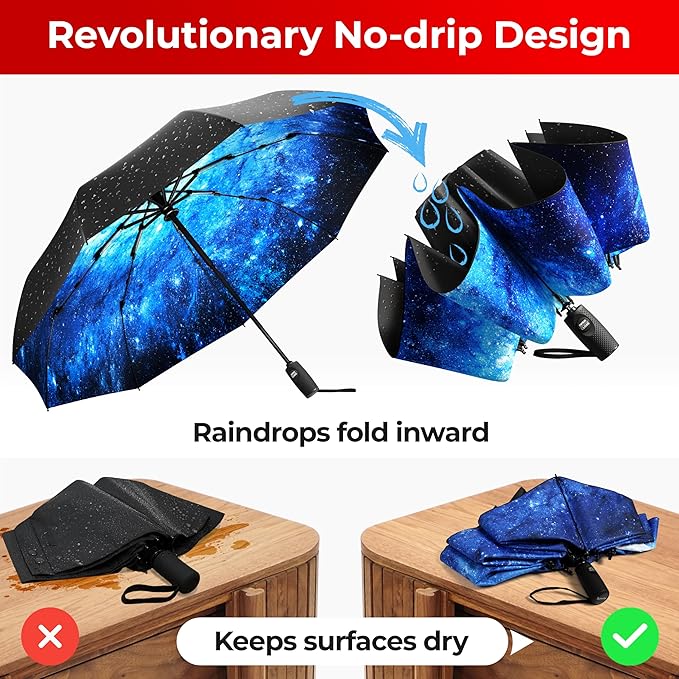 TUMELLA Flip-proof Inverted Travel Umbrella, Small Strong but Light Portable and Automatic Reverse Folding Rain Umbrella, Durable Premium Grip, Fits Car & Backpack