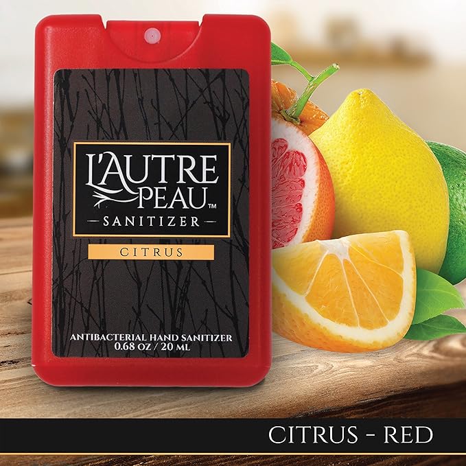 Antibacterial Travel Hand Sanitizer Spray with Aloe Vera by L’AUTRE PEAU - Unique Flat Credit Card Shape - Citrus Scented Mini Pocket Size (4 Pack - 20ML, Frost,Black,Red,Blue)
