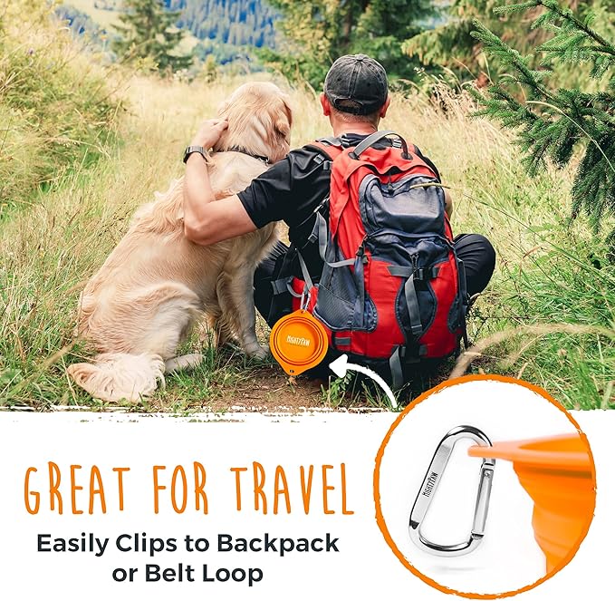 Mighty Paw Collapsible Travel Dog Bowl Set - Silicone Food and Water Bowls - Bonus Carabiner Clip - Ideal Hiking - Camping - Walking - Lightweight - Leak-Proof Dog Set - Orange - 2 Pack (27 oz)