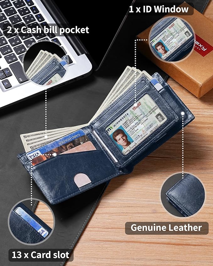 Artpaxy Mens Wallet Bifold Genuine Leather RFID Blocking Wallet for Men with 1 ID Windows 13 Card Holders 2 cash pockets 1 Gift Box