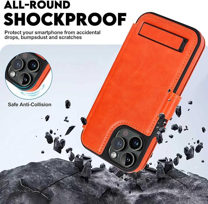 CIVICASE for iPhone 14 Pro Max Wallet Case with Stand,PU Leather Flip Credit Card Holder Slots (RFID Blocking),Compatible with Magsafe Magnetic Holder Phone Cover Women Men,Orange