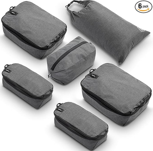 Compression Packing Cubes for Travel by TRIPPED – 6-Piece Premium Set with Laundry & Shoe Bag, Space Saving Travel Organizer Bags for Suitcase & Carry-On Luggage (Grey)