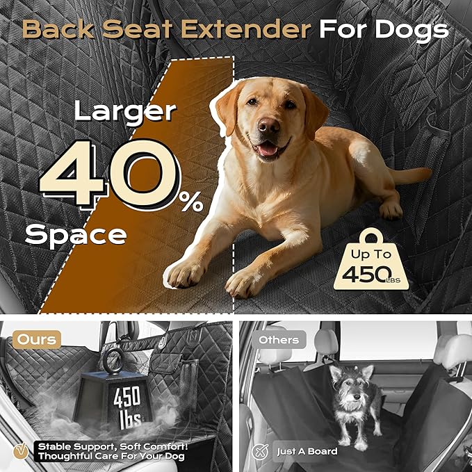 Dog Car Seat Cover for Back Seat Extender, 450 lbs Hard Bottom Waterproof Pet Hammock with Door Protection, Non-Slip Scratchproof Car Bed for Dogs, Fits SUV, Truck & Sedan