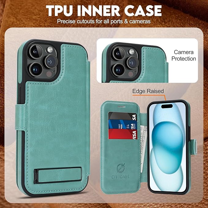 CIVICASE for iPhone 14 Pro Wallet Case with Stand,PU Leather Flip Credit Card Holder Slots (RFID Blocking),Compatible with Magsafe Magnetic Holder Phone Cover Women Men,Green
