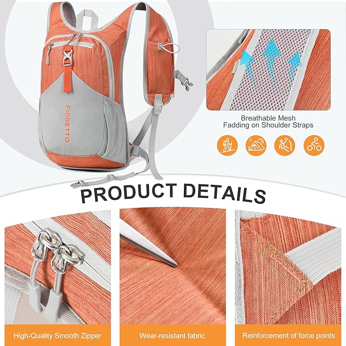 FIORETTO 20L Hiking Backpack for Women Men Mini Packable Backpack Lightweight Small Daypack for Camping Travel Outdoor, Orange