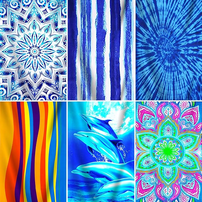 6 Packs Oversized Terry Beach Towel Set 36 x 72 Soft Thin Extra Large Big Pool Camping Swim Bulk Towels Blanket Clearance Travel Adult Essentials Accessories Must Haves Vacation Vortex Flower Dolphin