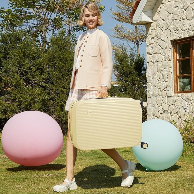 mixi 24 Inch Checked Luggage PC Hardshell Suitcases with Wheels for Travel Woman Men, Lark Yellow