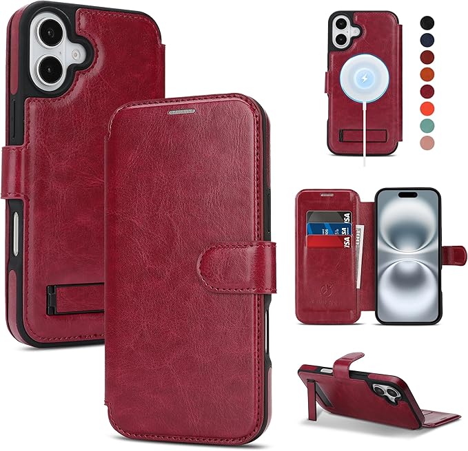 CIVICASE for iPhone 17 Wallet Case with Stand,PU Leather Flip Credit Card Holder Slots (RFID Blocking),Compatible with Magsafe Magnetic Holder Phone Cover Women Men,Wine Red