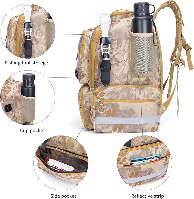Rabjen Fishing Tackle Backpack, 45L Storage Waterproof Travel Bag Store Fishing Gear with Insulated Top Pocket