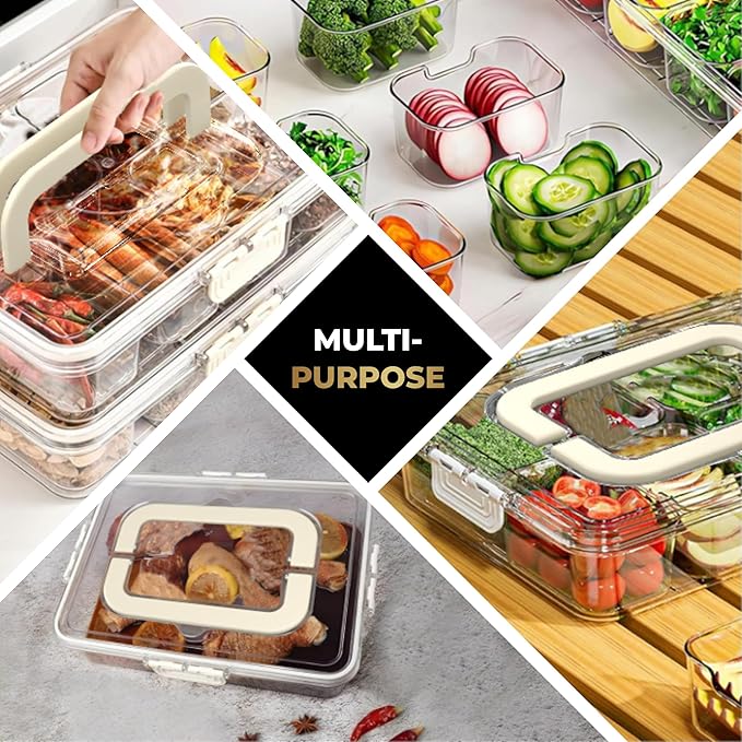 LEVANI Snack Box Container – (8) Clear & Stain Free Compartments, Extra Strong Handle - Divided Serving Tray with Lid, Transparent Snackle Boxes Organizer – Built-In Toothpick & Small Utensil Storage