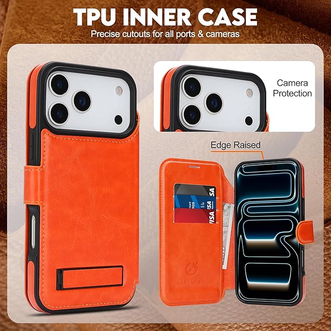 CIVICASE for iPhone 17 Pro Wallet Case with Stand,PU Leather Flip Credit Card Holder Slots (RFID Blocking),Compatible with Magsafe Magnetic Holder Phone Cover Women Men,Orange