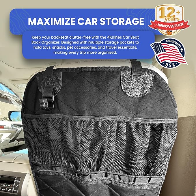 4Knines Car Seat Back Organizer – Heavy-Duty Kick Mat w/Mesh Storage Pockets, Bottle Hook – UV-Resistant Hardware – Waterproof Backseat Organizer for Kids & Pets – Fits SUVs, Trucks, Cars – Black