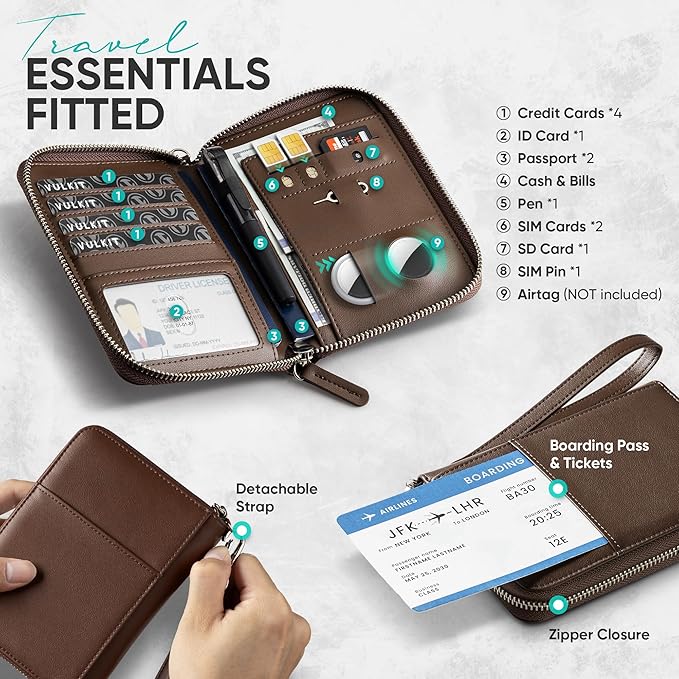 VULKIT Passport Holder for Travel with Airtag Slot, Premium Nappa Leather, RFID Blocking, Zipper Closure with Wrist Strap, Travel Document Organizer