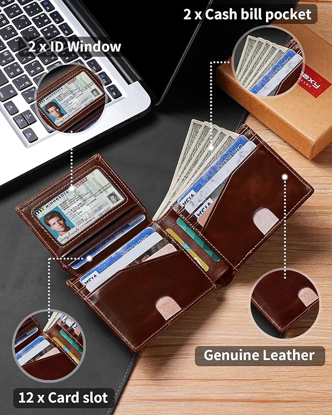 Artpaxy Mens Wallet Bifold Genuine Leather RFID Blocking Wallet for Men with 2 ID Windows 12 Card Holders 2 cash pockets 1 Gift Box