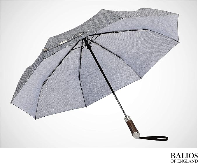 Balios (Designed in UK) Travel Umbrella Luxurious Golden Hardwood Handle Auto Open & Close Windproof Frame Single Canopy Automatic Folding Umbrella Men's & Ladies