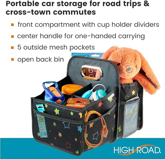 High Road Car Seat Caddy Organizer with Cup Holders - Middle Seat Car Organizer for Kids or Passenger Seat Organizer for Drivers - Portable Car Storage Bin with Easy Carry Handle (Starry Night)