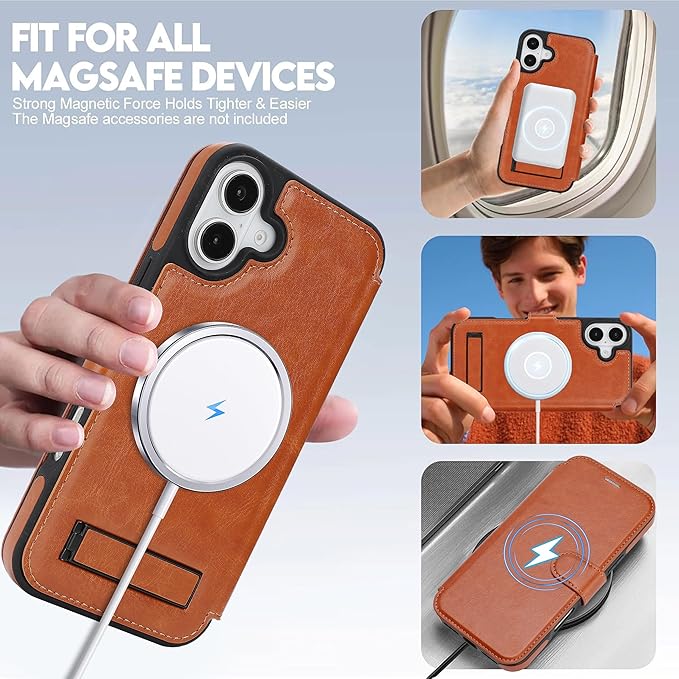 CIVICASE for iPhone 17 Wallet Case with Stand,PU Leather Flip Credit Card Holder Slots (RFID Blocking),Compatible with Magsafe Magnetic Holder Phone Cover Women Men,Brown