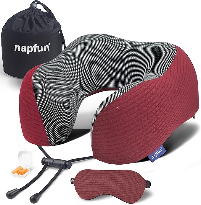 napfun Neck Pillow for Traveling, Upgraded Travel Neck Pillow for Airplane 100% Pure Memory Foam Travel Pillow for Flight Headrest Sleep, Portable Plane Accessories, Wine-Red Set, Medium (120-200LB)