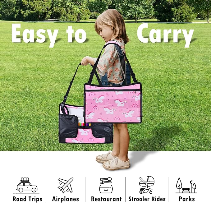 WENRENER Kids Travel Tray, Car Seat Tray for kids Travel, Toddler Road Trip Essentials With Drawing Kit, Toddler Lap Desk Organizer for Car, Carseat Table for Airplane