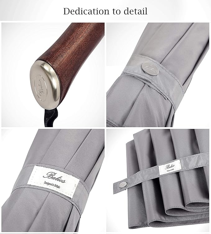 Balios (Designed in UK) Travel Umbrella Luxurious Golden Hardwood Handle Auto Open & Close Windproof Frame Single Canopy Automatic Folding Umbrella Men's & Ladies
