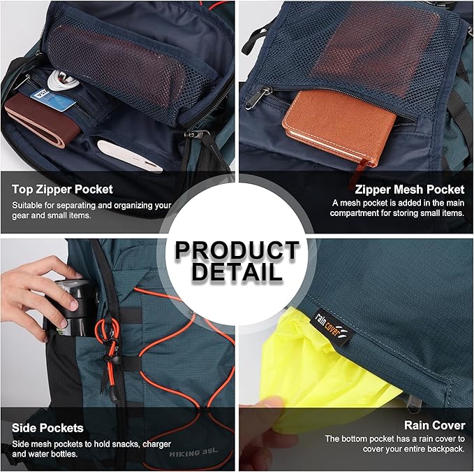 MOUNTAINTOP 35L Hiking Backpack, Lightweight Outdoor Travel Camping Daypack with Rain Cover for Men & Women（Blue）