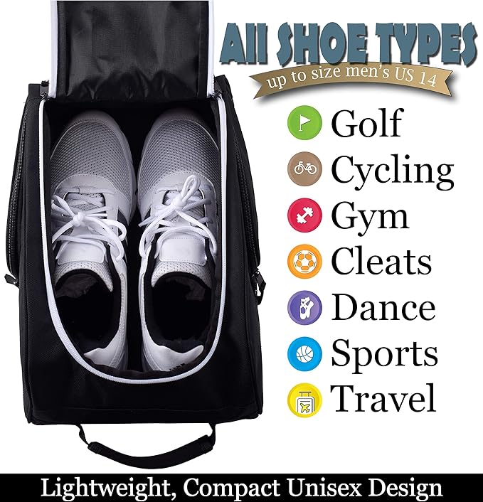 Athletico Golf Shoe Bag - Zippered Shoe Carrier Bags With Ventilation & Outside Pocket for Socks, Tees, etc. Perfect Storage (Black)