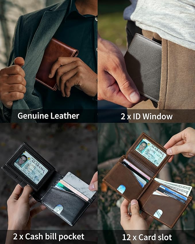Artpaxy Mens Wallet Bifold Genuine Leather RFID Blocking Wallet for Men with 2 ID Windows 12 Card Holders 2 cash pockets 1 Gift Box