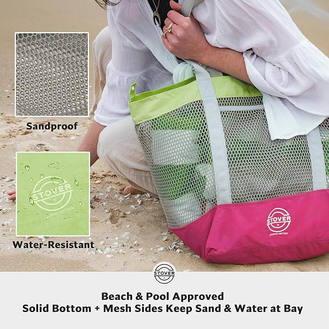 STOVER Large Mesh Beach Bag, Vacation, Pool, Shopping, & Travel Tote - Foldable w/Storage Pockets for Women, Men & Families