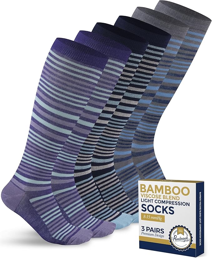 Pembrook Bamboo Viscose Light Compression Socks - 3 Pairs | 8-15 mmhg Compression Socks | Knee High Comfort Support Socks