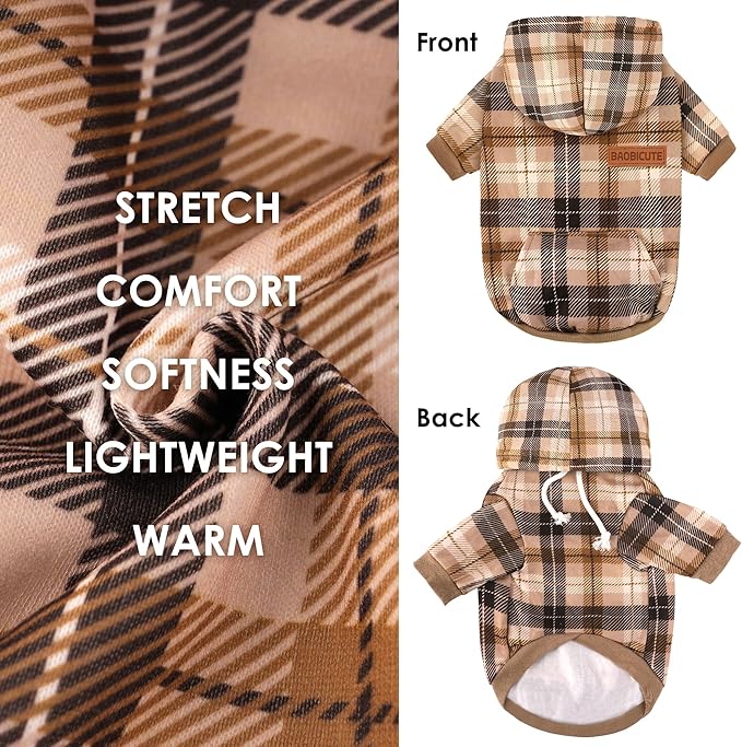 BAOBICUTE Dog Basic Hoodie Soft Dog Clothes Cold Weather Sweaters for Medium Large Dogs Cozy Fabric Warm Sweatshirt with Leash Hole (Khaki Plaid, L (Back: 20.47",Chest: 28.35", Neck: 21.26"))