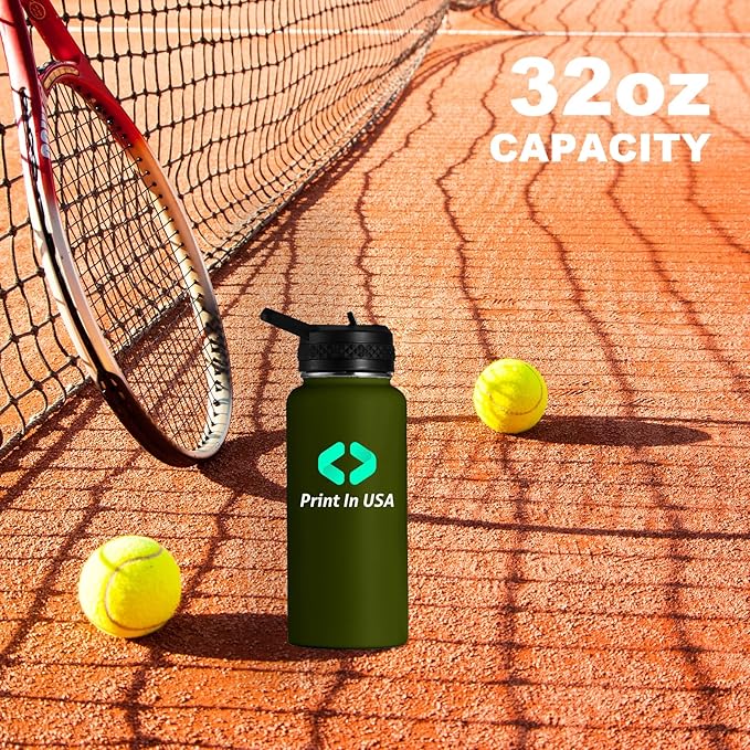 Personalized Custom Print in USA Water Bottle 32oz Stainless Steel Double Wall Coffee Cup with Lid & Straw Insulated Tumbler with Colorful Text Logo Photo