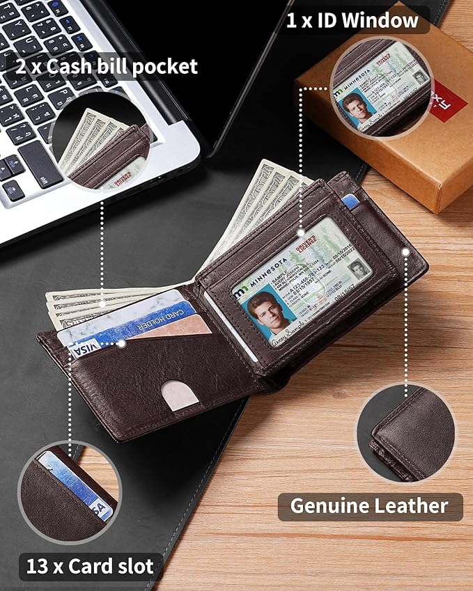 Artpaxy Mens Wallet Bifold Genuine Leather RFID Blocking Wallet for Men with 1 ID Windows 13 Card Holders 2 cash pockets 1 Gift Box