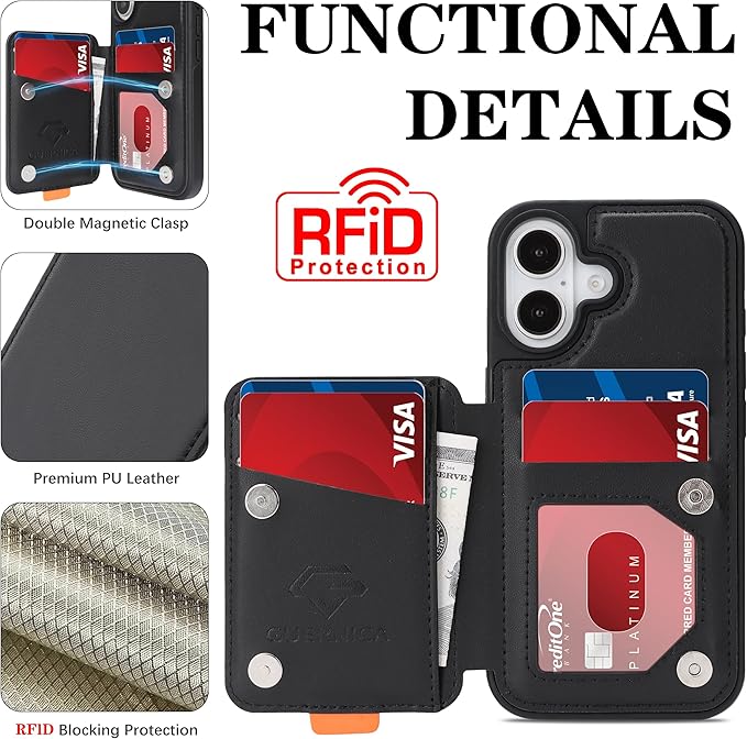 GUERNICA for iPhone 17 (6.1") Case Wallet with Card Holder, RFID Blocking Leather Protection, Shockproof Women Men Phone Case for Apple 17, Black