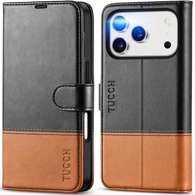 TUCCH Wallet Case for iPhone 17 Pro (6.3") 2025, RFID Blocking 4 Card Slots, Kickstand, Shockproof TPU Shell, PU Leather, Magnetic Closure, Protective Flip Folio Cover, Black & Brown