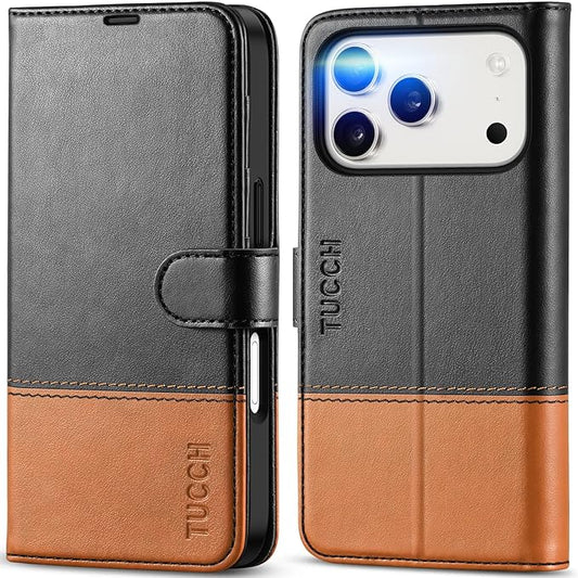 TUCCH Wallet Case for iPhone 17 Pro (6.3") 2025, RFID Blocking 4 Card Slots, Kickstand, Shockproof TPU Shell, PU Leather, Magnetic Closure, Protective Flip Folio Cover, Black & Brown