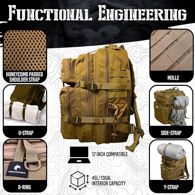 AMERICANPHOENIX 45L Elite Tactical Backpack | 3X Stronger Work & Military Backpack | Water Resistant and Heavy Duty | 3 Day MOLLE Bug Out Bag (Dune Brown)