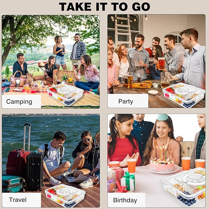 Premium Leak-Proof Snackle Box Container with 8 Clear Compartments & 6 Airtight Lids | Portable Clear Snack Tray with Lid & Handle | Divided Serving Tray for Fruits, Snacks, Sauces, Veggie & More