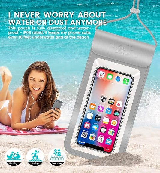 HiRui Universal Waterproof Phone Pouch with Touch Screen, IP68 Waterproof Phone Case Dry Bag for Beach, Compatible with iPhone 16/Pro/Plus/Max/15/14, Galaxy S24+/25+, Fits up to 6.9" (Silver, X-Large)
