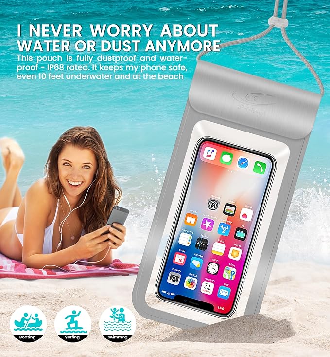 HiRui Universal Waterproof Phone Pouch with Touch Screen, IP68 Waterproof Phone Case Dry Bag for Beach, Compatible with iPhone 16/15/14/13/12/XR/SE, Samsung Galaxy, Fits up to 6.1" (Silver, Large)