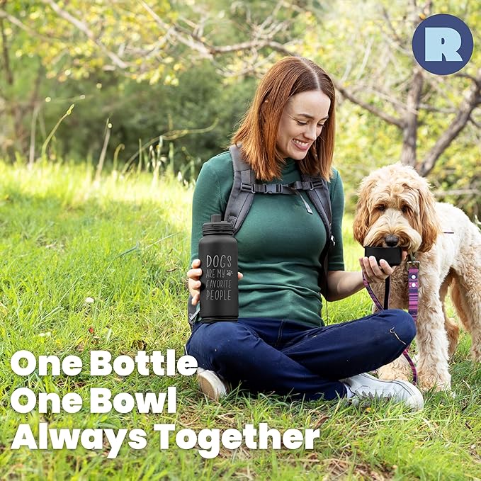 Dog Water Bottle for Dog Lovers - 32 oz Stainless Steel Double Wall Insulated Water Bottle with 8 oz Detachable Bowl on Bottom- Ideal Gift for Doggy Lovers for Christmas - “Favorite People” Black