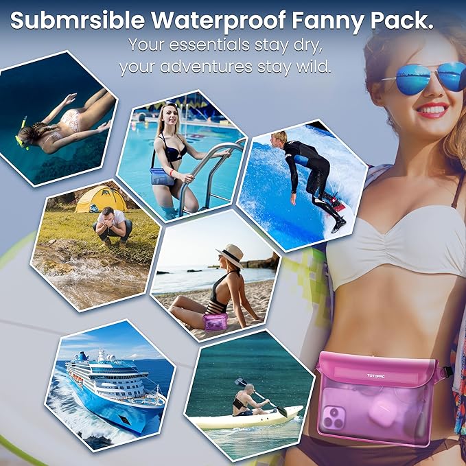 2-Pack Waterproof Fanny Pack, Phone Pouch with Waist Strap, 9x6.7 Inch Dry Bag for Phone, Cash, and Valuables – for Swimming, Kayaking, Boating, Snorkeling, and Water Sports (2, Pink + Blue)