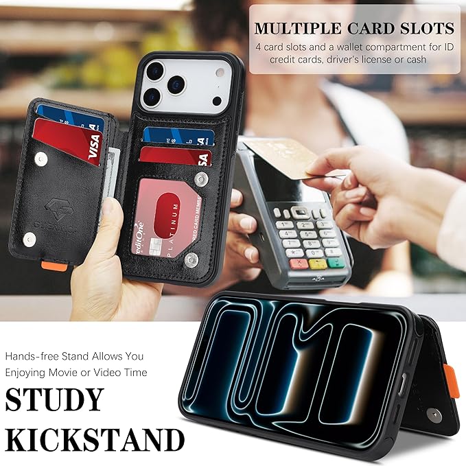 GUERNICA for iPhone 17 Pro Max (6.9") Case Wallet with Card Holder, RFID Blocking Leather Protection, Shockproof Women Men Phone Case for Apple 17 Pro Max, A - Black