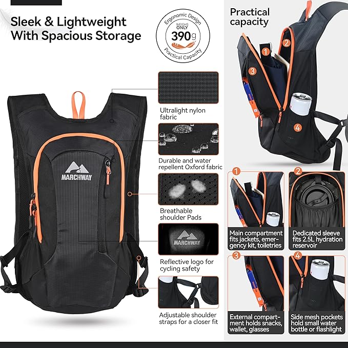 MARCHWAY Lightweight Hydration Backpack with Vest Style Straps & 2.5L TPU Water Bladder, Versatile Sleek Multi-Pocket Pack for Hiking, Cycling, Running, Backpacking, Travel