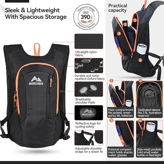 MARCHWAY Lightweight Hydration Backpack with Vest Style Straps & 2.5L TPU Water Bladder, Versatile Sleek Multi-Pocket Pack for Hiking, Cycling, Running, Backpacking, Travel