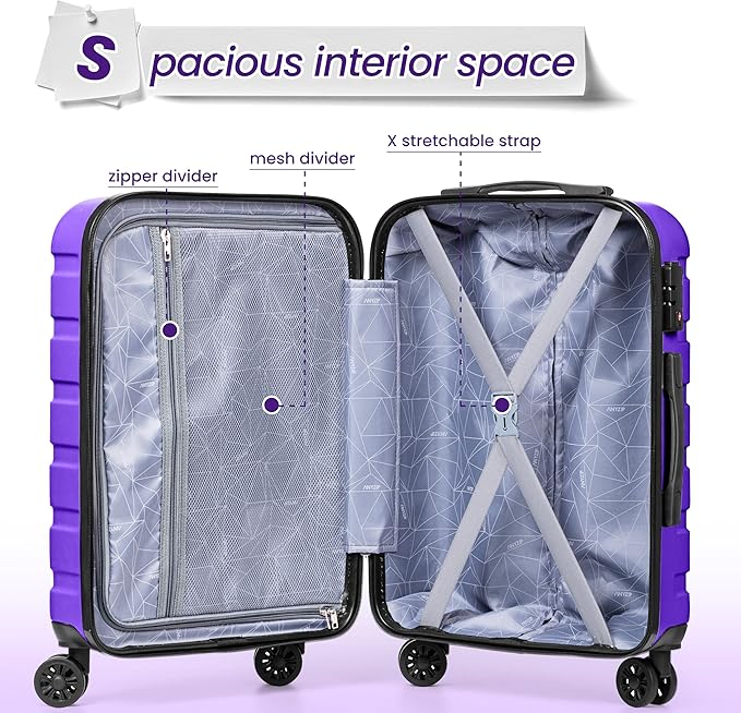 AnyZip Luggage Sets 3 Piece Hardshell Suitcase Set PC ABS Lightweight Travel Suitcases with 4 Double Spinner Wheels TSA Lock 20 24 28 Inch Violet Purple