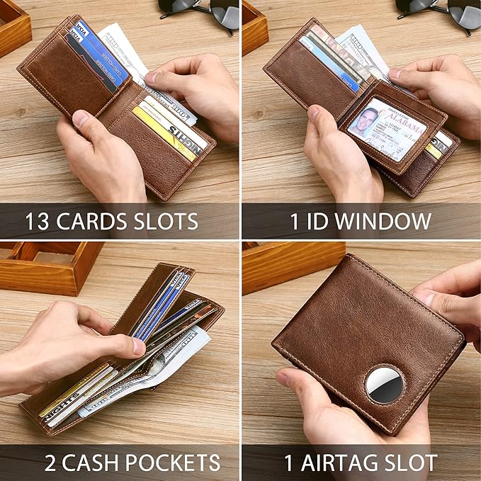 Swallowmall AirTag Wallet Mens RFID Blocking Genuine Leather Bifold Men's Wallet For air tag with 1 ID Window 13 Card Holders CoffeeBrown(Airtag Not included)